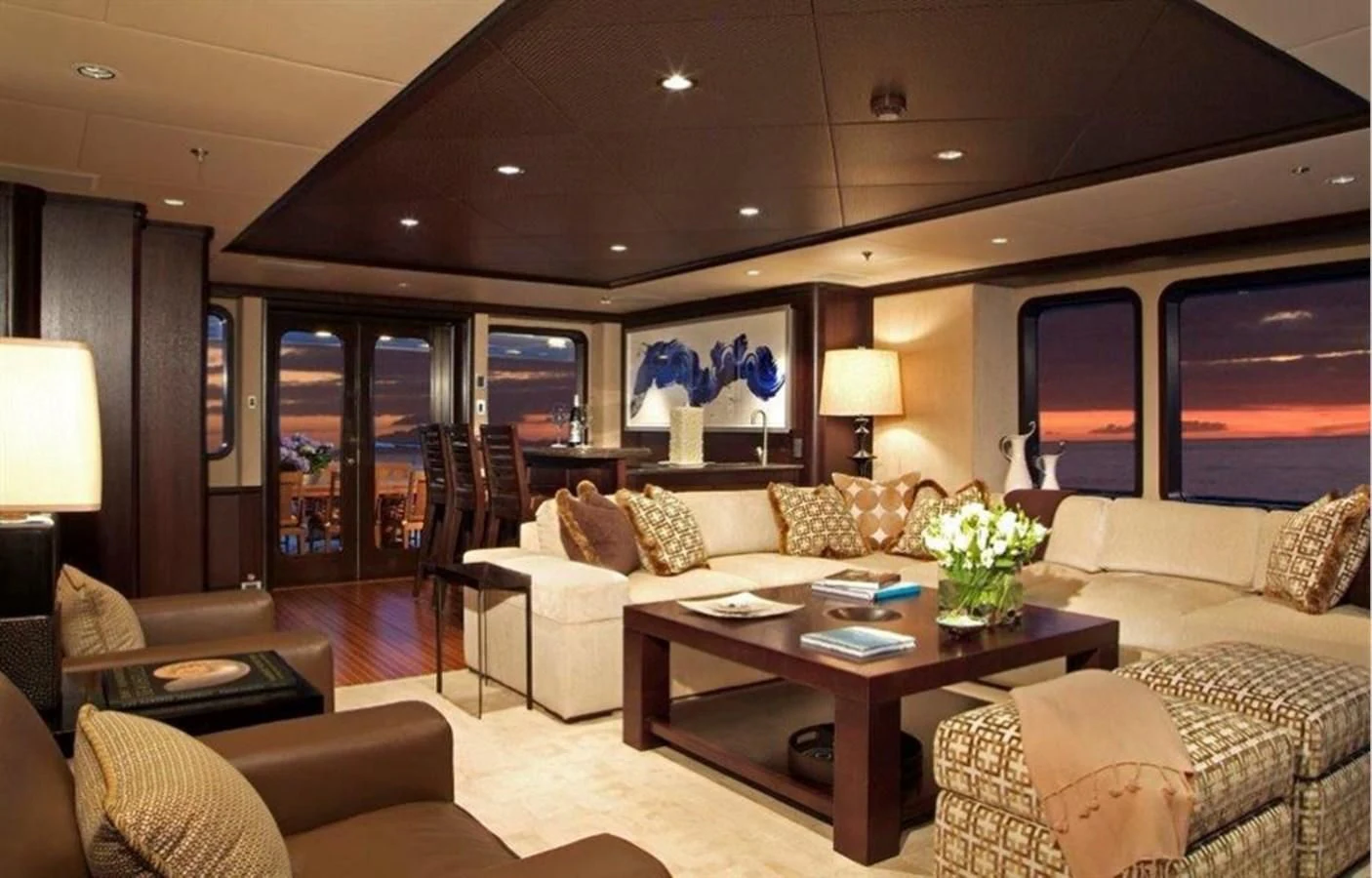 a living room with a large window aboard HELIOS 2 Yacht for Sale
