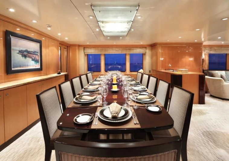 a table with plates and food on it aboard HELIOS 2 Yacht for Sale