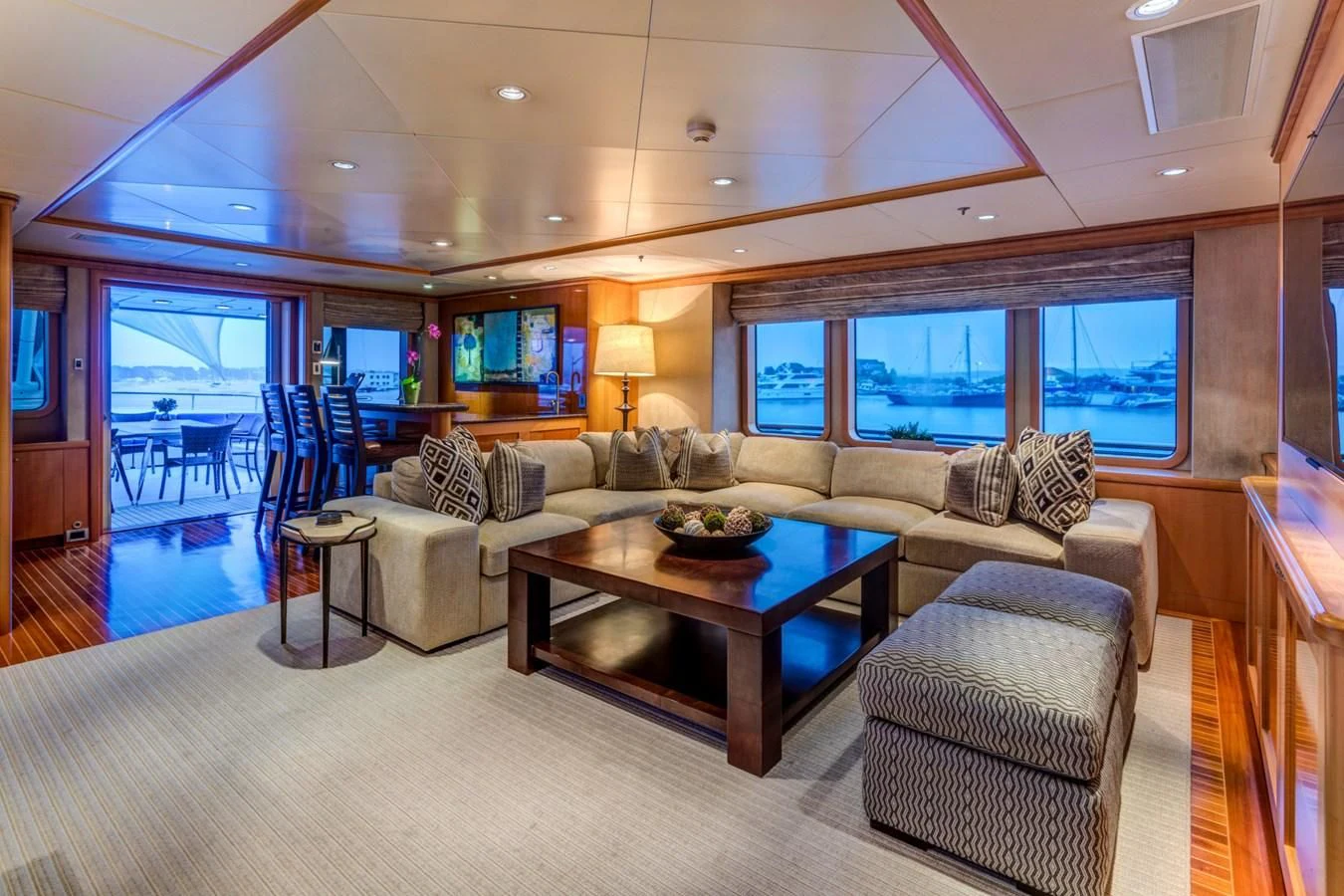 a living room with a large window aboard HELIOS 2 Yacht for Sale