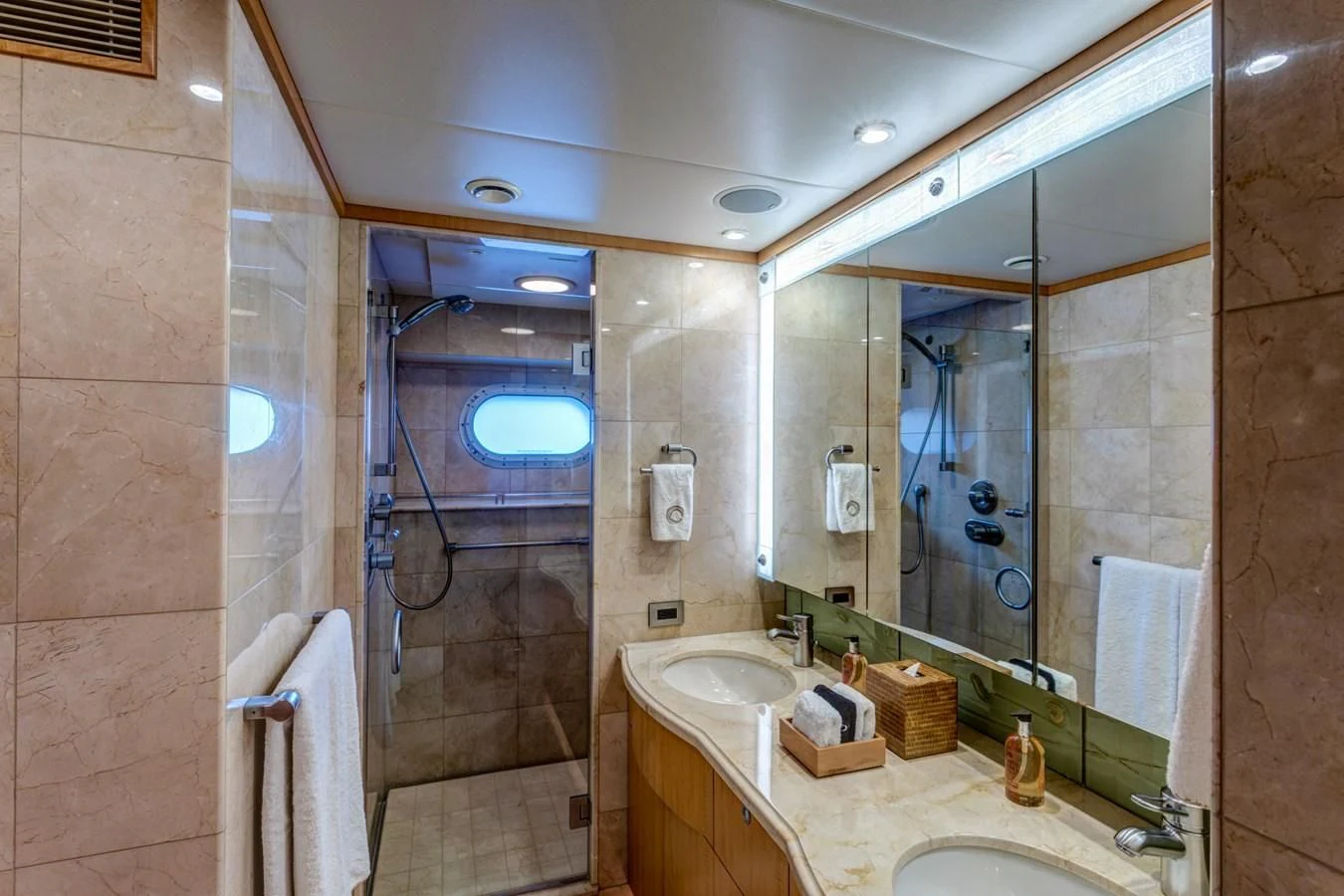 a bathroom with a shower and sink aboard HELIOS 2 Yacht for Sale