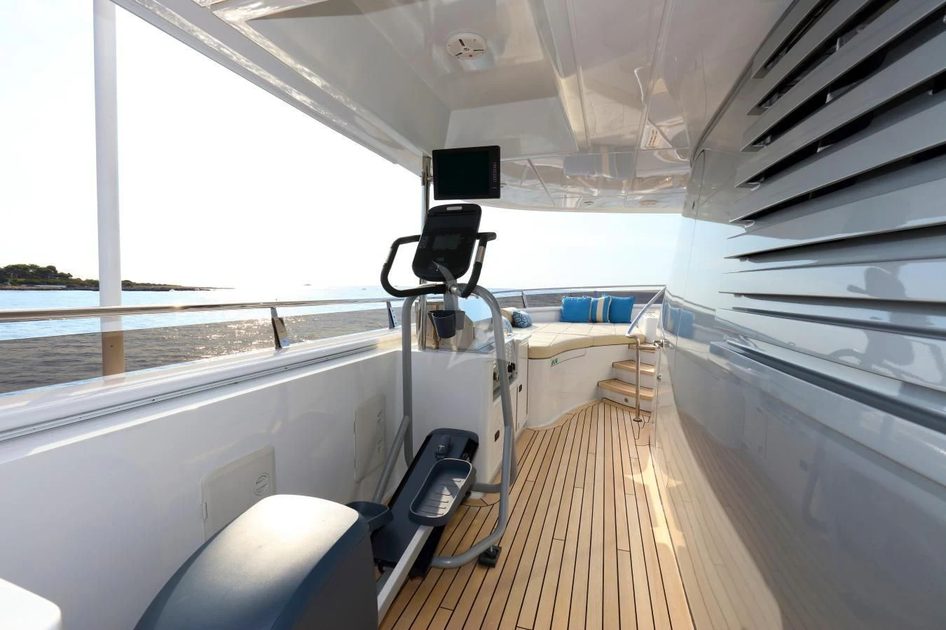 a boat with a large screen aboard HELIOS 2 Yacht for Sale