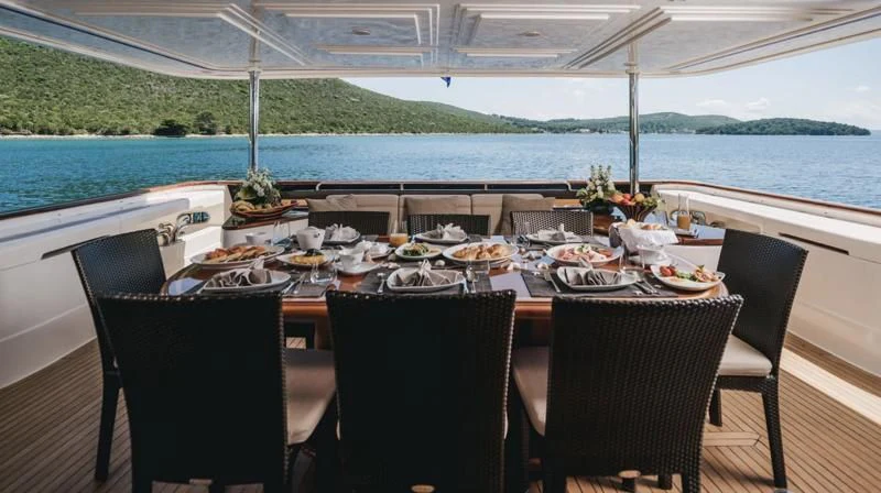 a table set for a meal on a boat aboard KLOBUK Yacht for Charter