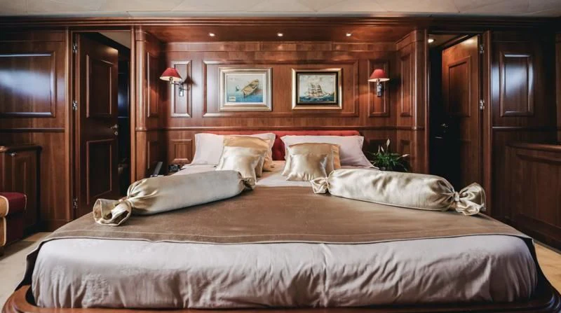 a large bed with white sheets aboard KLOBUK Yacht for Charter