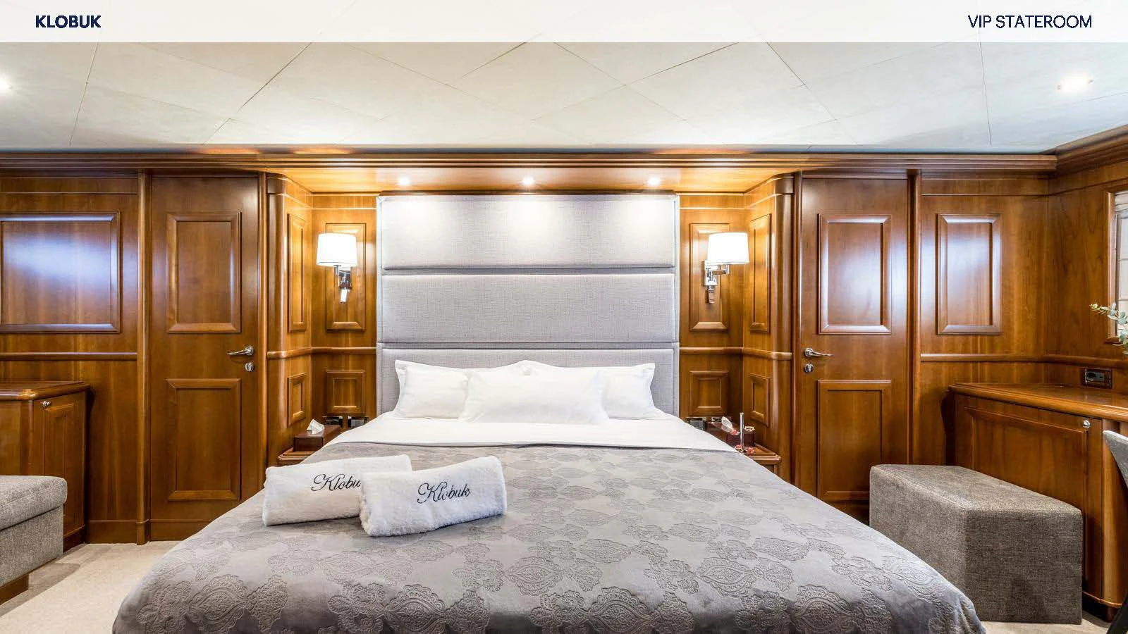 a bed in a room aboard KLOBUK Yacht for Charter