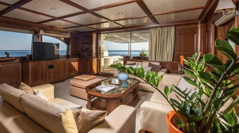 a living room with a large window aboard KLOBUK Yacht for Charter