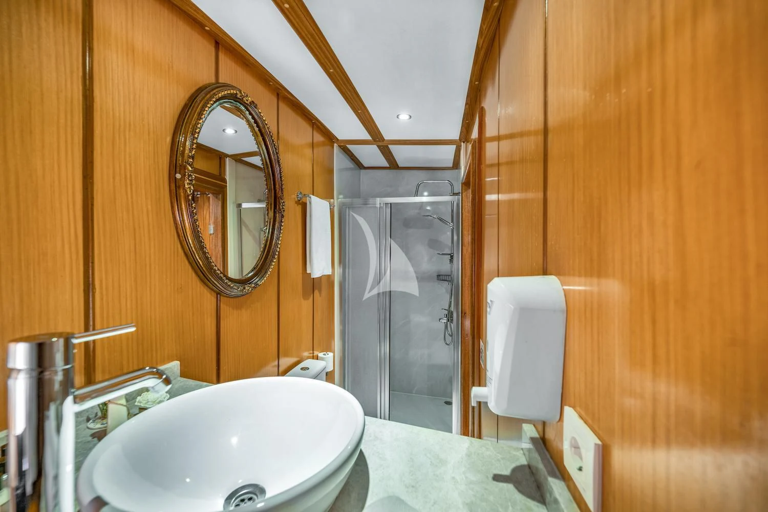 a bathroom with a glass shower aboard TERSANE 8 Yacht for Sale