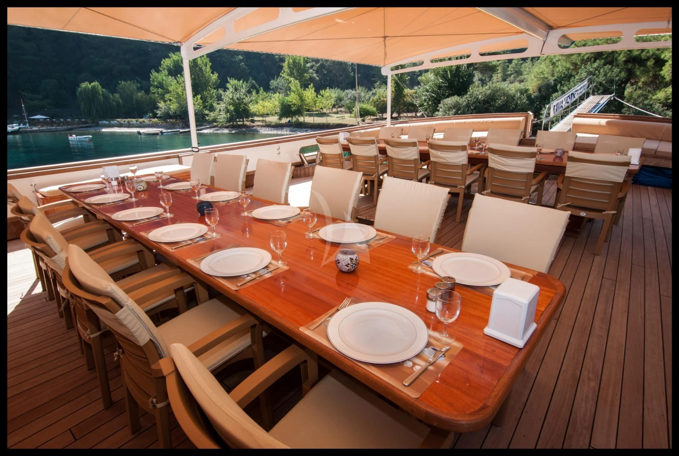 a table set for a dinner party aboard TERSANE 8 Yacht for Sale