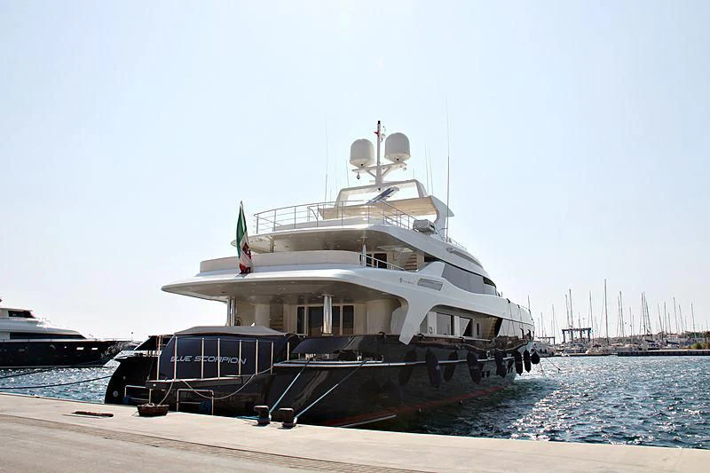 a large ship docked aboard BLUE SCORPION Yacht for Sale