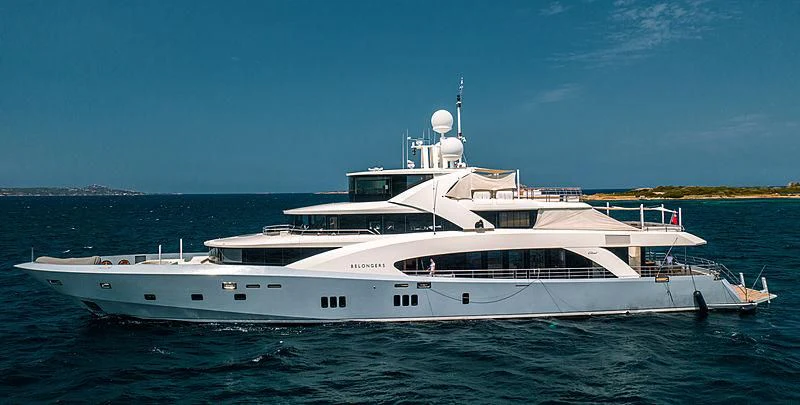 a large white yacht in the water aboard BELONGERS Yacht for Sale