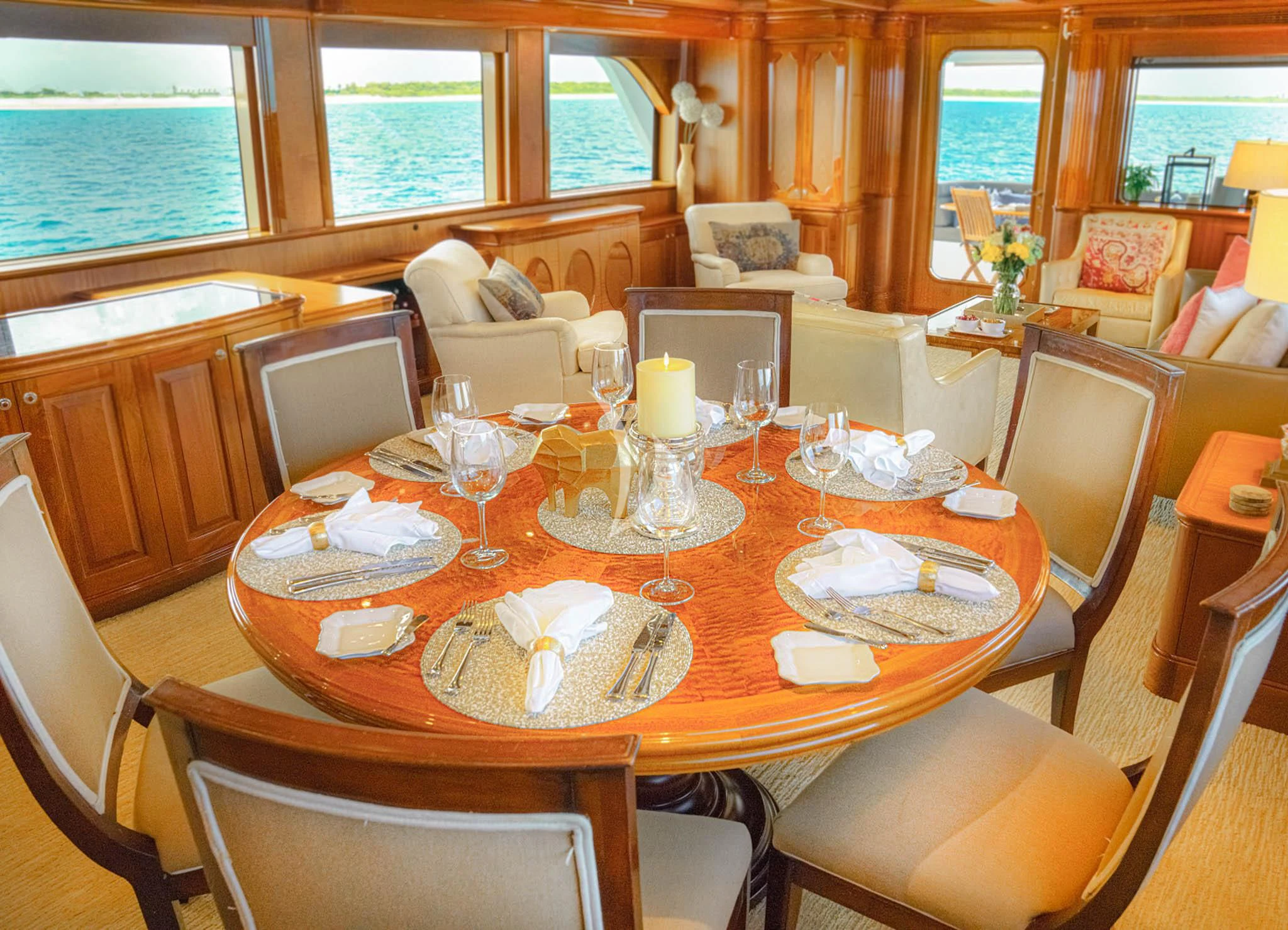 a dining room with a table set aboard LADY VICTORY Yacht for Sale