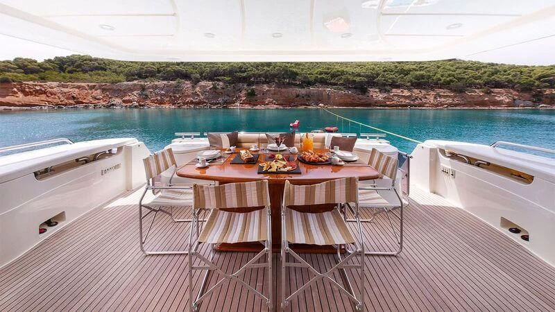 a table set for a meal on a boat on a lake aboard ANNOUKA TWINS Yacht for Sale