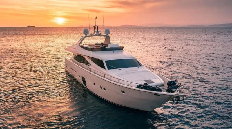 a white yacht in the water aboard ANNOUKA TWINS Yacht for Sale