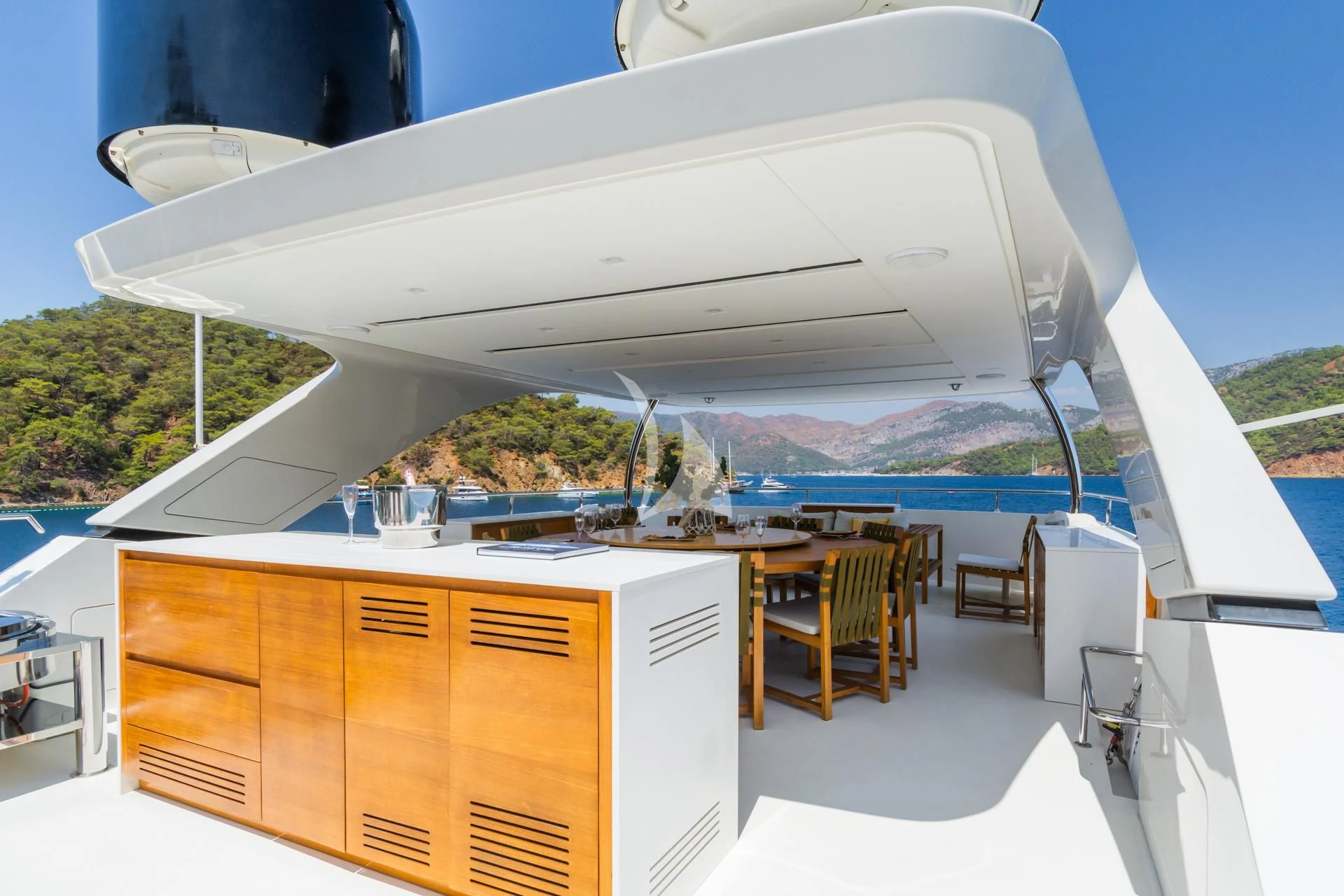a boat with a large white structure aboard TAKARA ONE Yacht for Charter