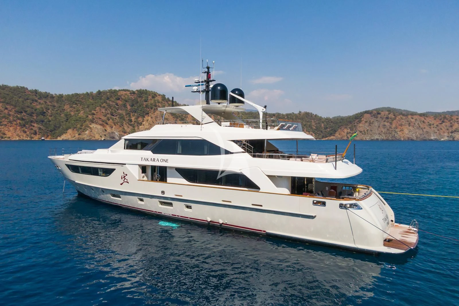 a white yacht on the water aboard TAKARA ONE Yacht for Charter
