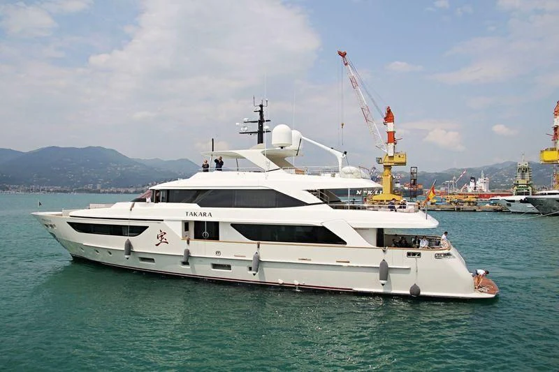 a white boat in the water aboard TAKARA ONE Yacht for Charter