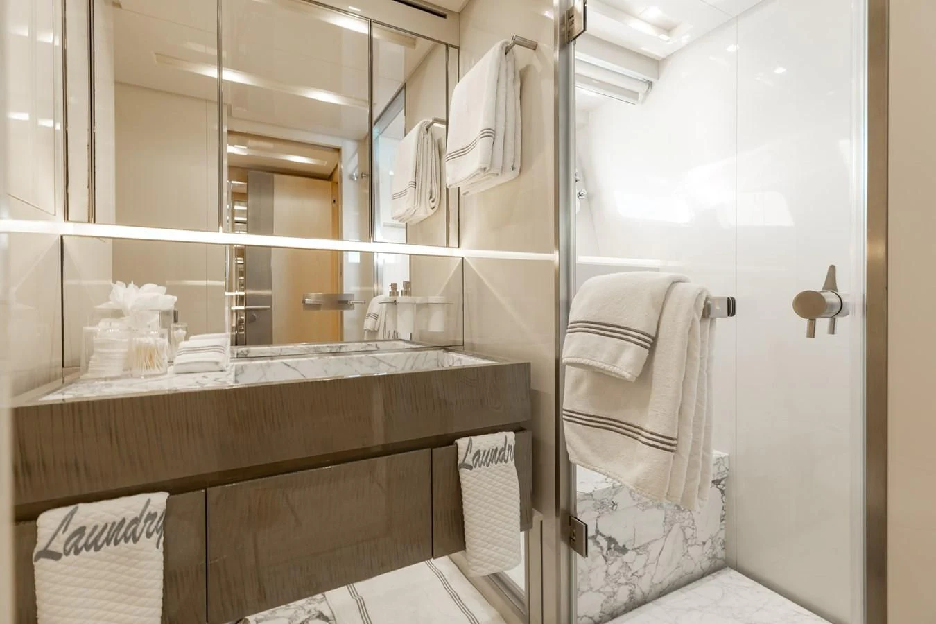 a bathroom with a mirror aboard TAKARA ONE Yacht for Charter