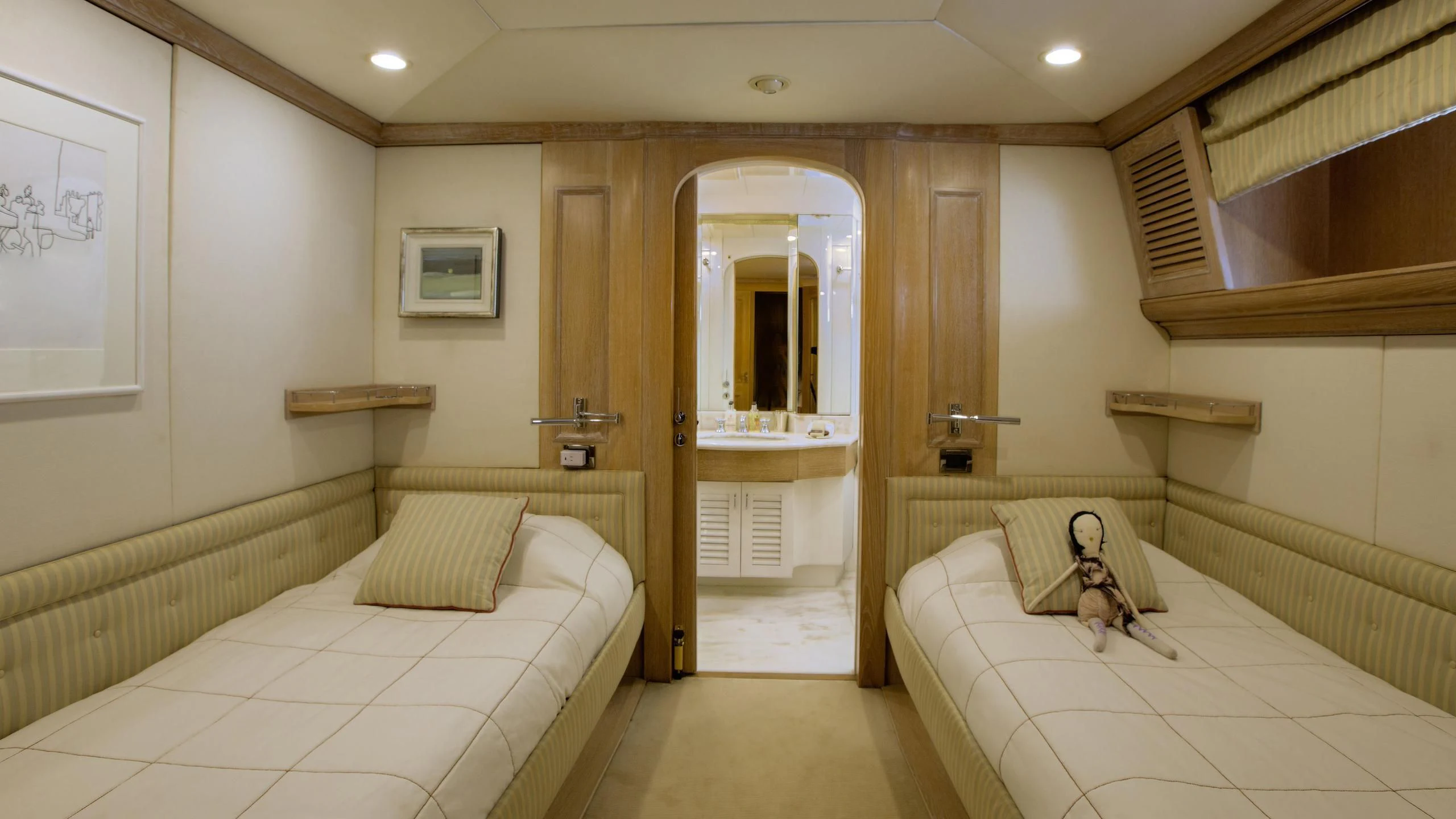 a room with two beds aboard NATALIA V Yacht for Sale