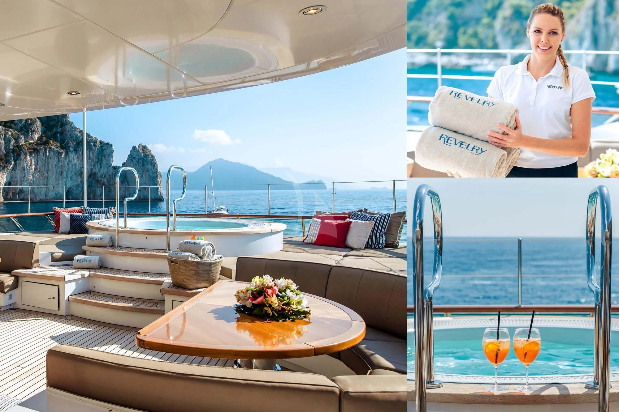 a person standing next to a table aboard SARON Yacht for Sale