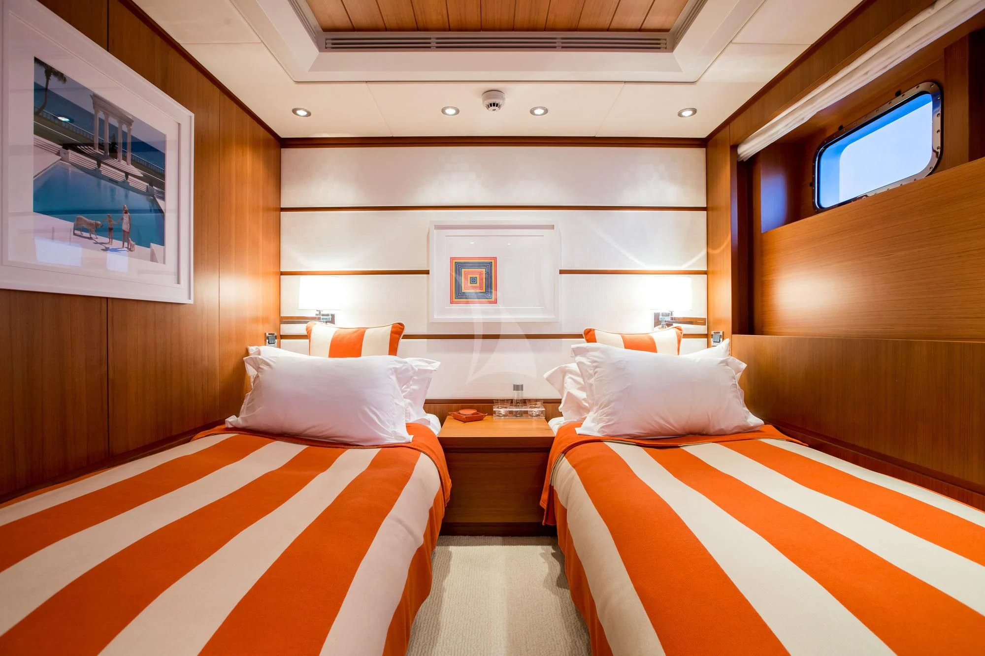 a room with two beds aboard SARON Yacht for Sale
