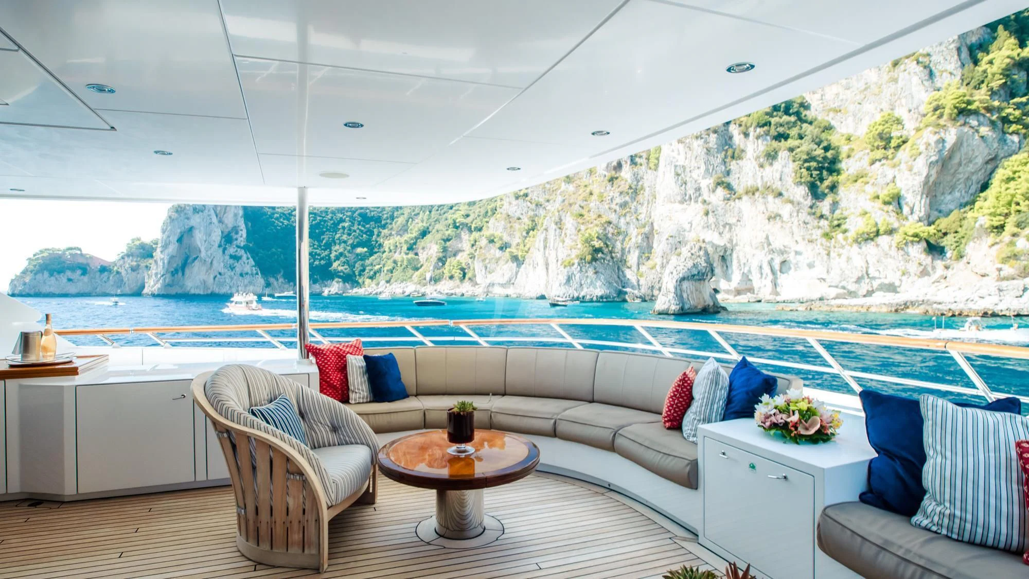 a living room with a large window aboard SARON Yacht for Sale