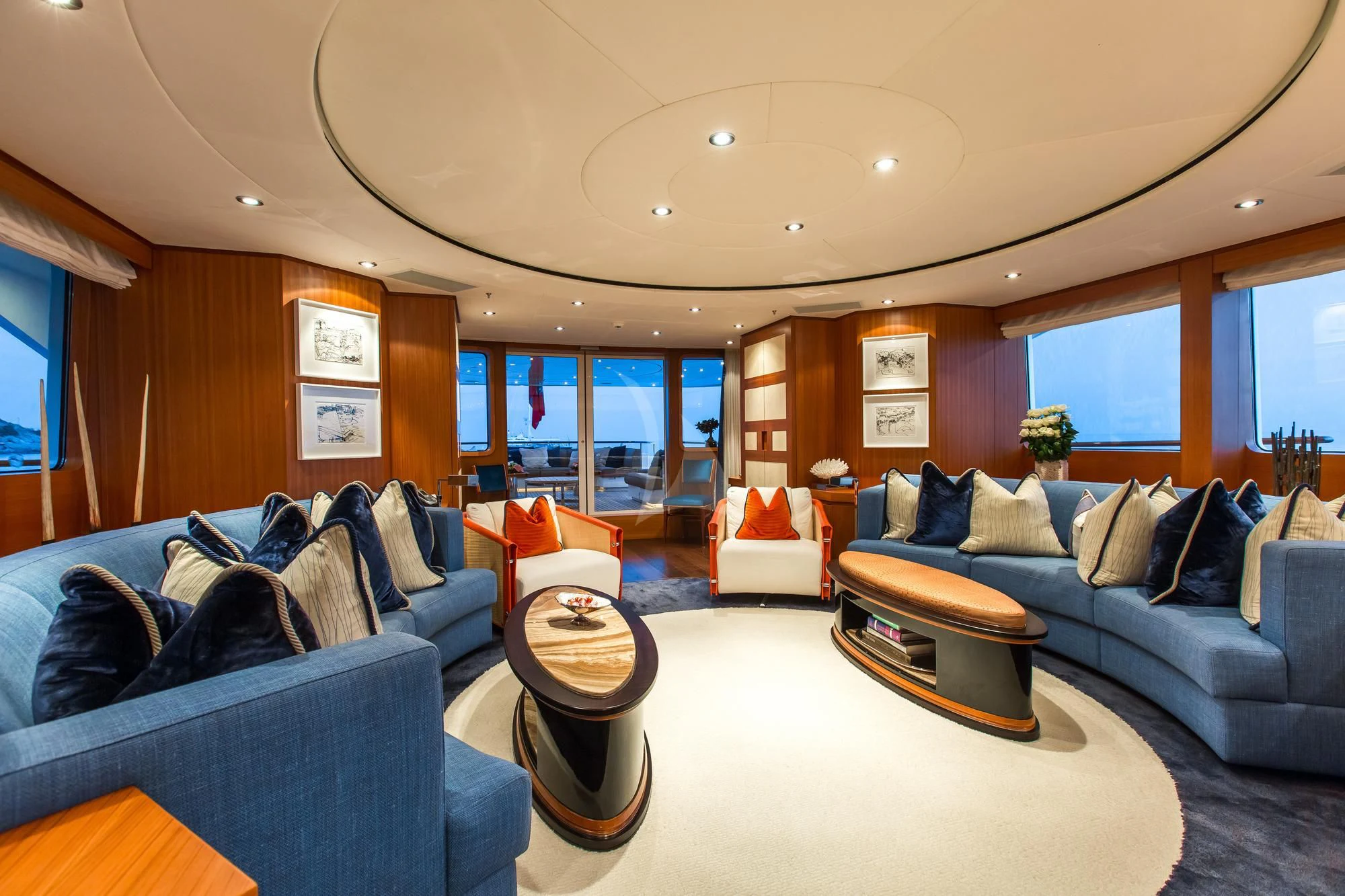a living room with a couch and a coffee table aboard SARON Yacht for Sale