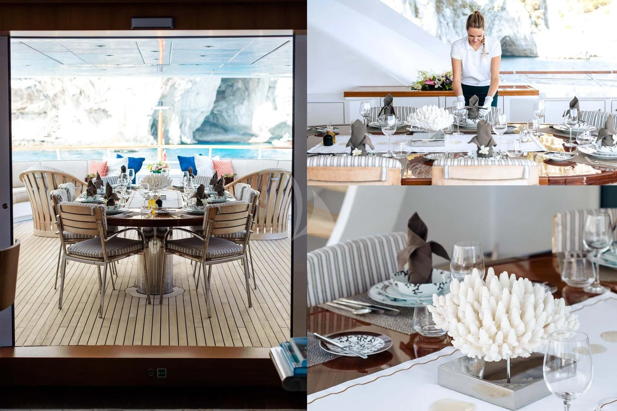 a person standing next to a table with glasses on it aboard SARON Yacht for Sale