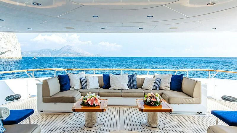 a living room with a large blue ocean aboard SARON Yacht for Sale