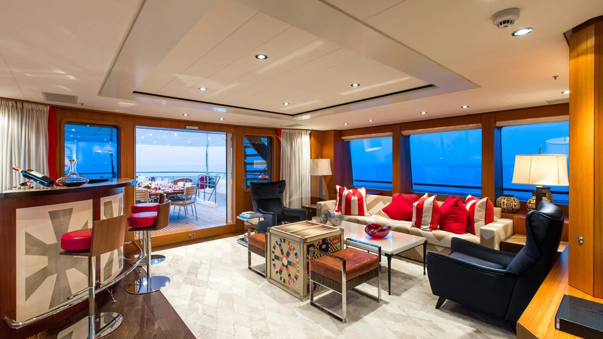 a living room with a large window aboard SARON Yacht for Sale