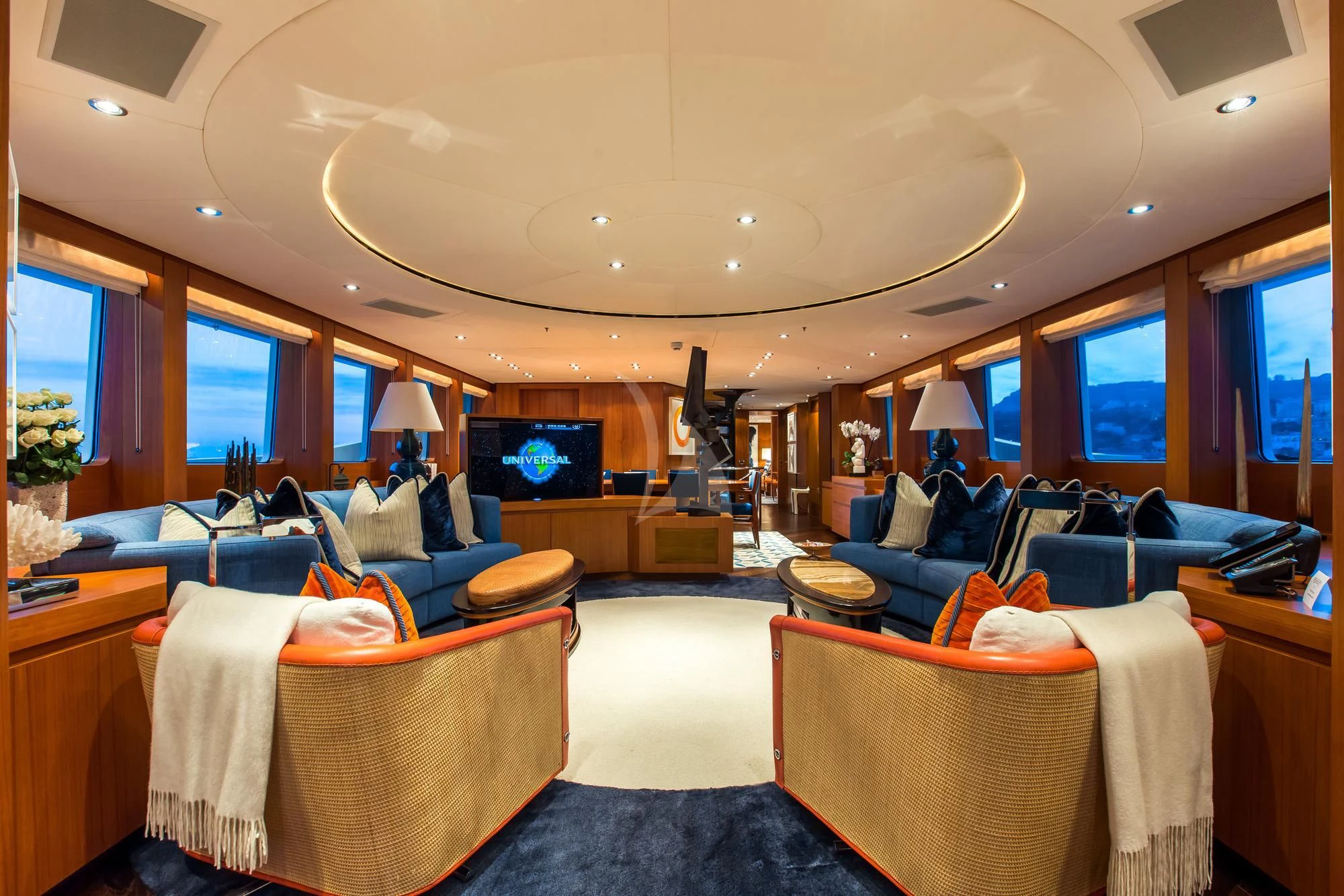 a living room with a large window aboard SARON Yacht for Sale