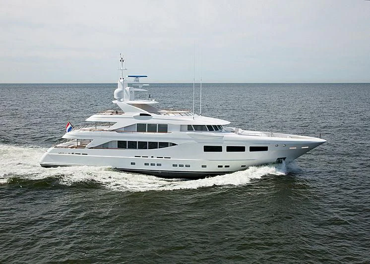 a white yacht on the water aboard SARON Yacht for Sale
