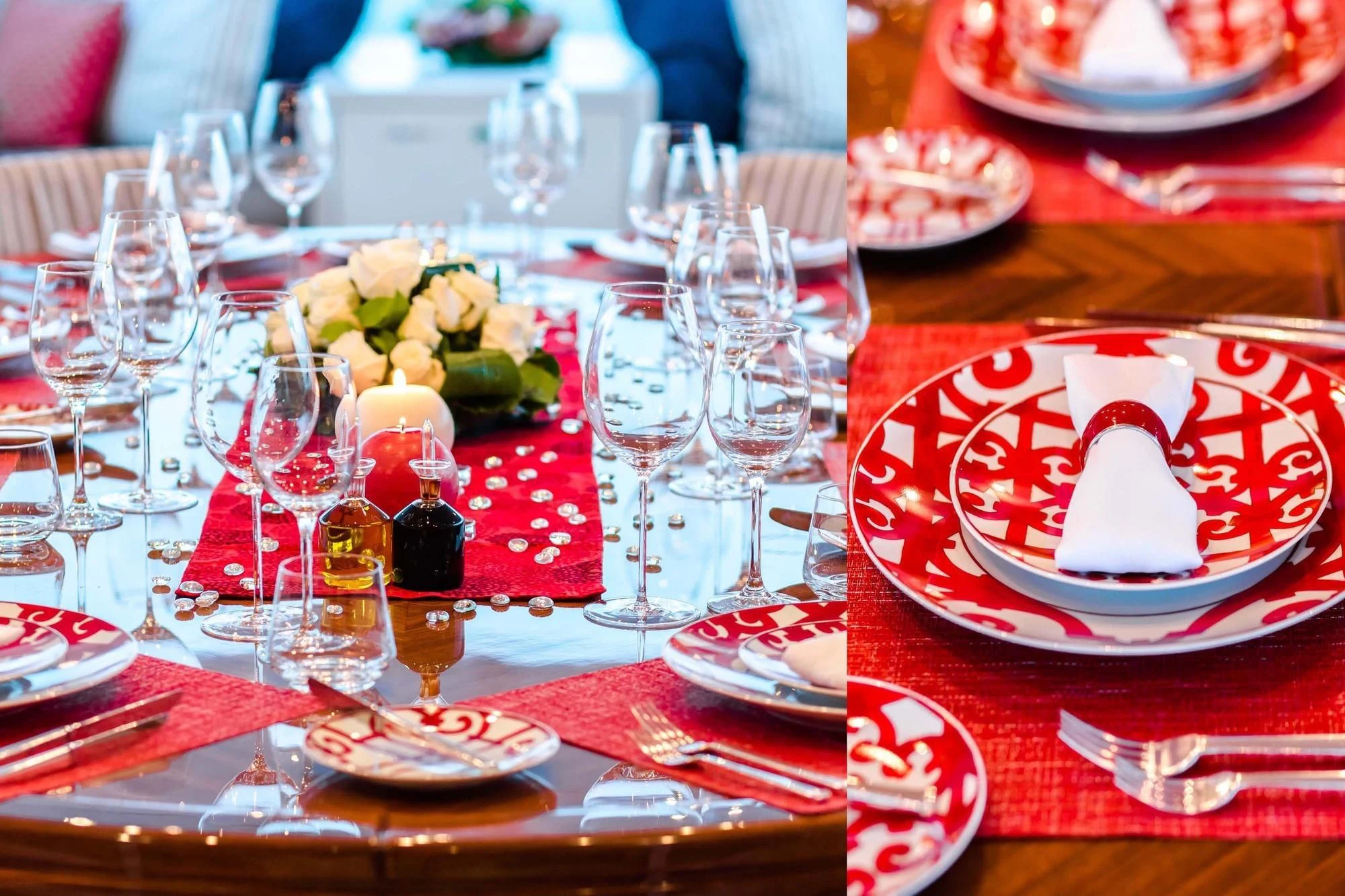 a table set with plates and glasses aboard SARON Yacht for Sale