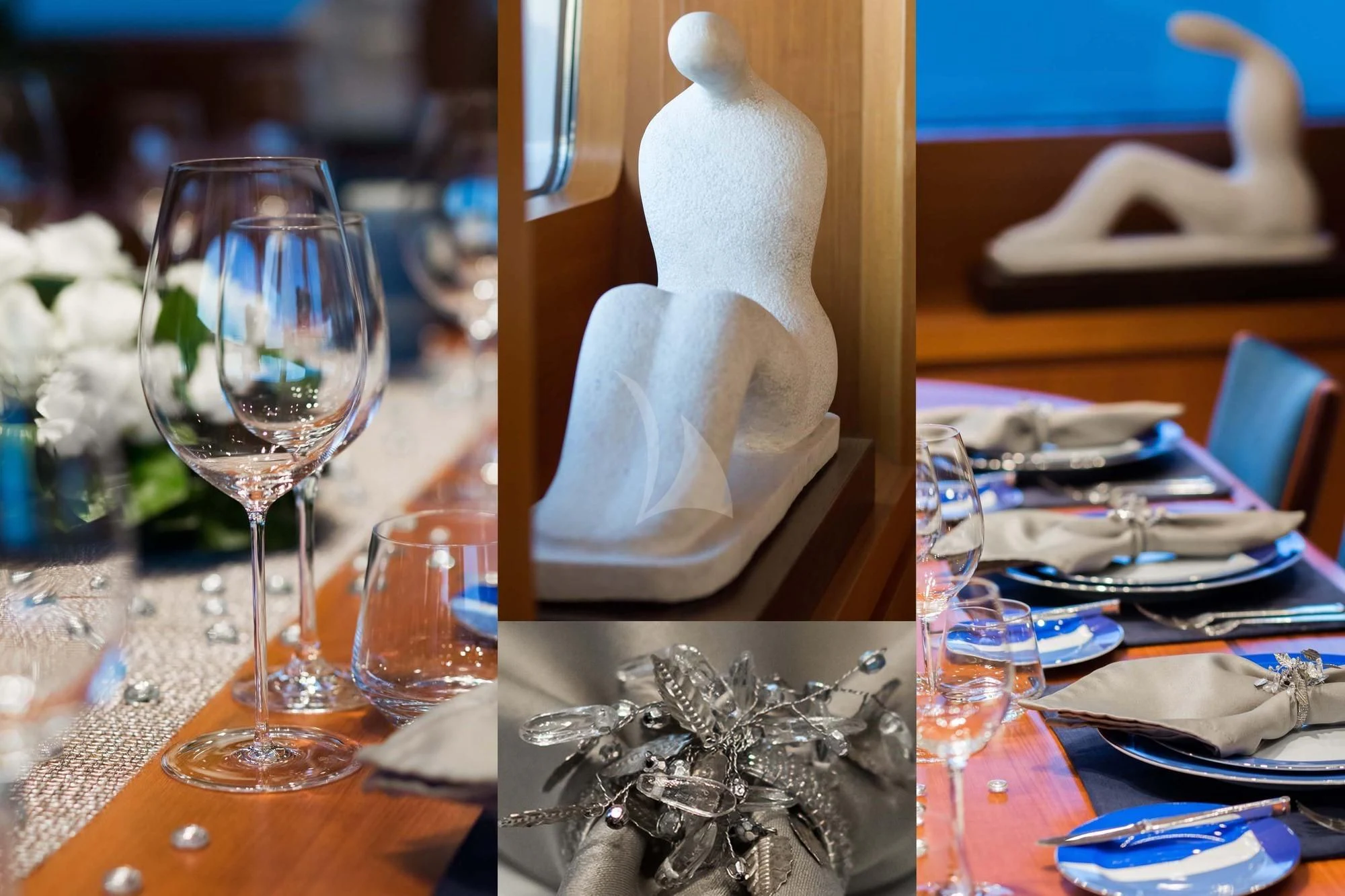 a table with plates and glasses aboard SARON Yacht for Sale