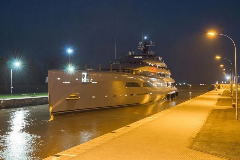 a large ship on a dock aboard AVIVA Yacht for Sale