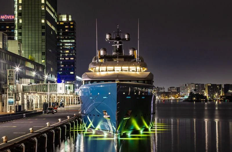 a large boat in a city aboard AVIVA Yacht for Sale