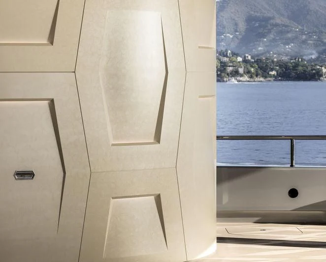 a white door with a white handle aboard AVIVA Yacht for Sale