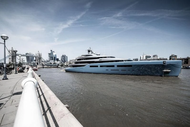 a large ship on a dock aboard AVIVA Yacht for Sale