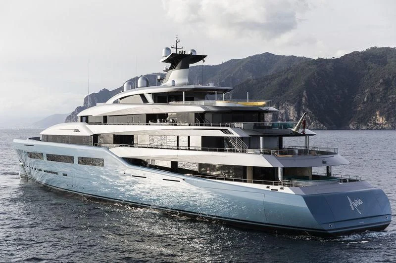 a large boat on the water aboard AVIVA Yacht for Sale