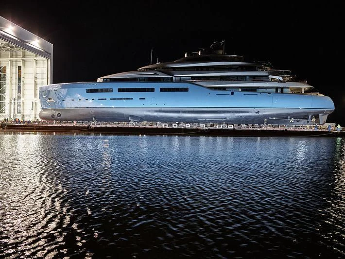 a cruise ship at night aboard AVIVA Yacht for Sale