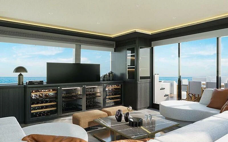a living room with a large screen aboard UNA CAPRA Yacht for Sale