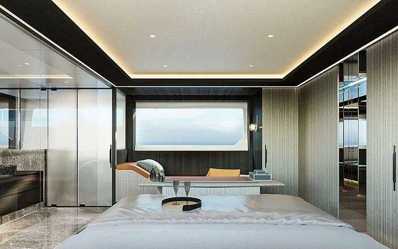 a bed with a white sheet aboard UNA CAPRA Yacht for Sale