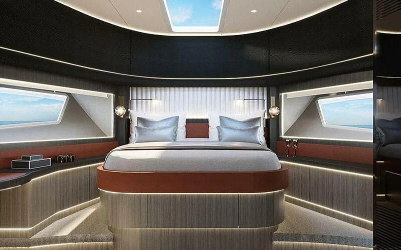a bed in a room aboard UNA CAPRA Yacht for Sale