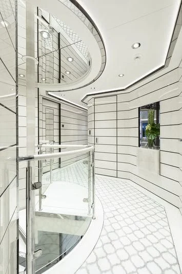 a large bathroom with a glass shower aboard RASHA Yacht for Sale