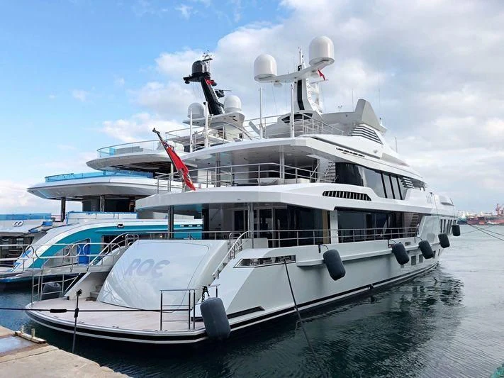 a large white boat with a propeller aboard RASHA Yacht for Sale