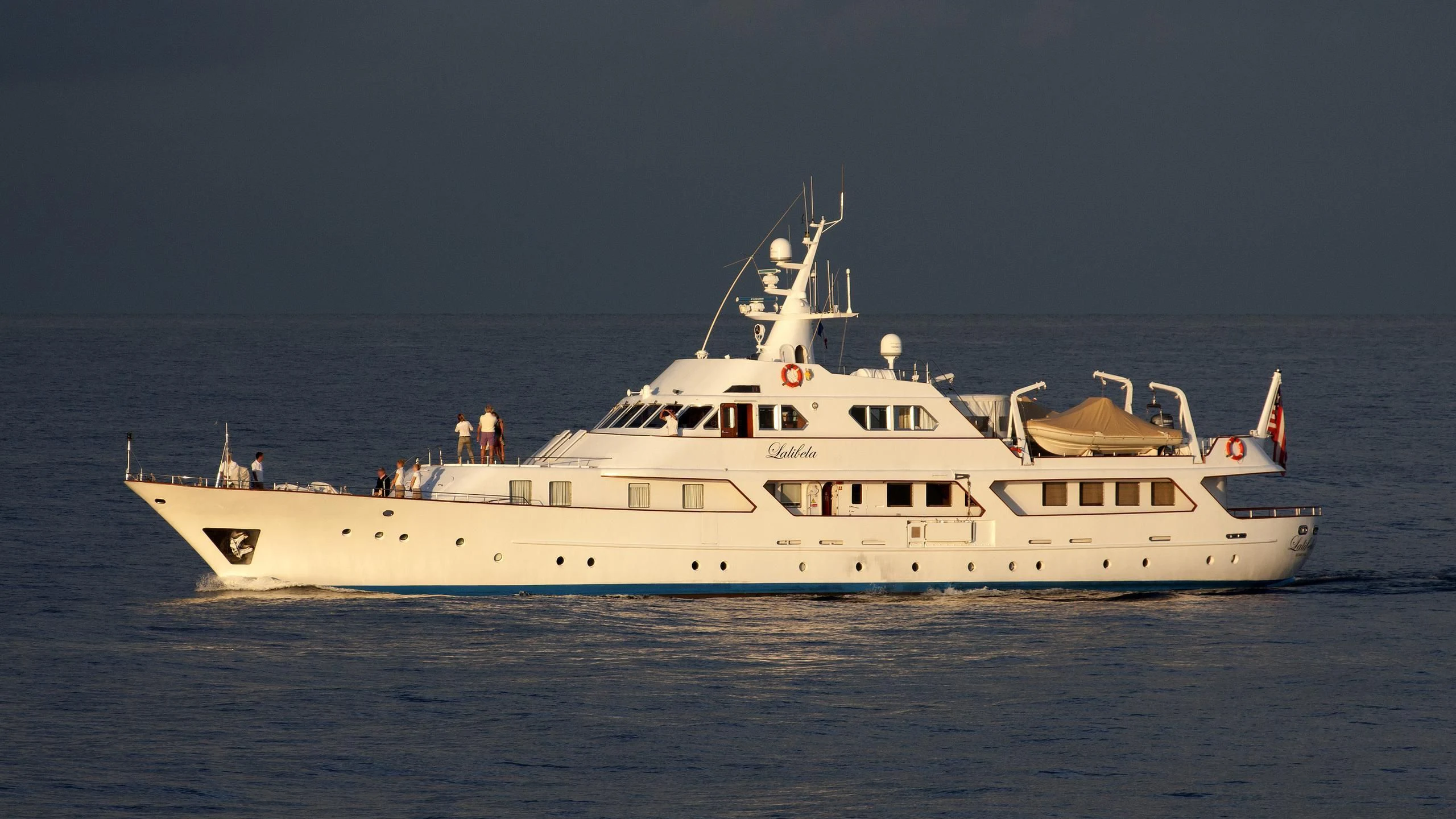 a large white boat in the water aboard LALIBELA Yacht for Sale