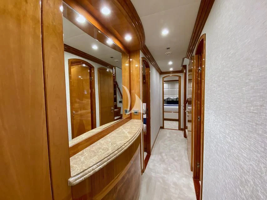 a hallway with a mirror and a hallway aboard BRANDI WINE Yacht for Charter