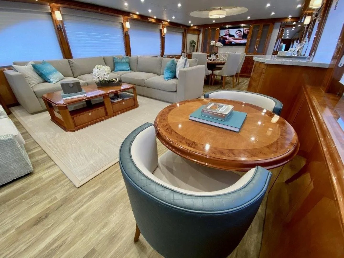 a living room with a couch and a table aboard BRANDI WINE Yacht for Charter