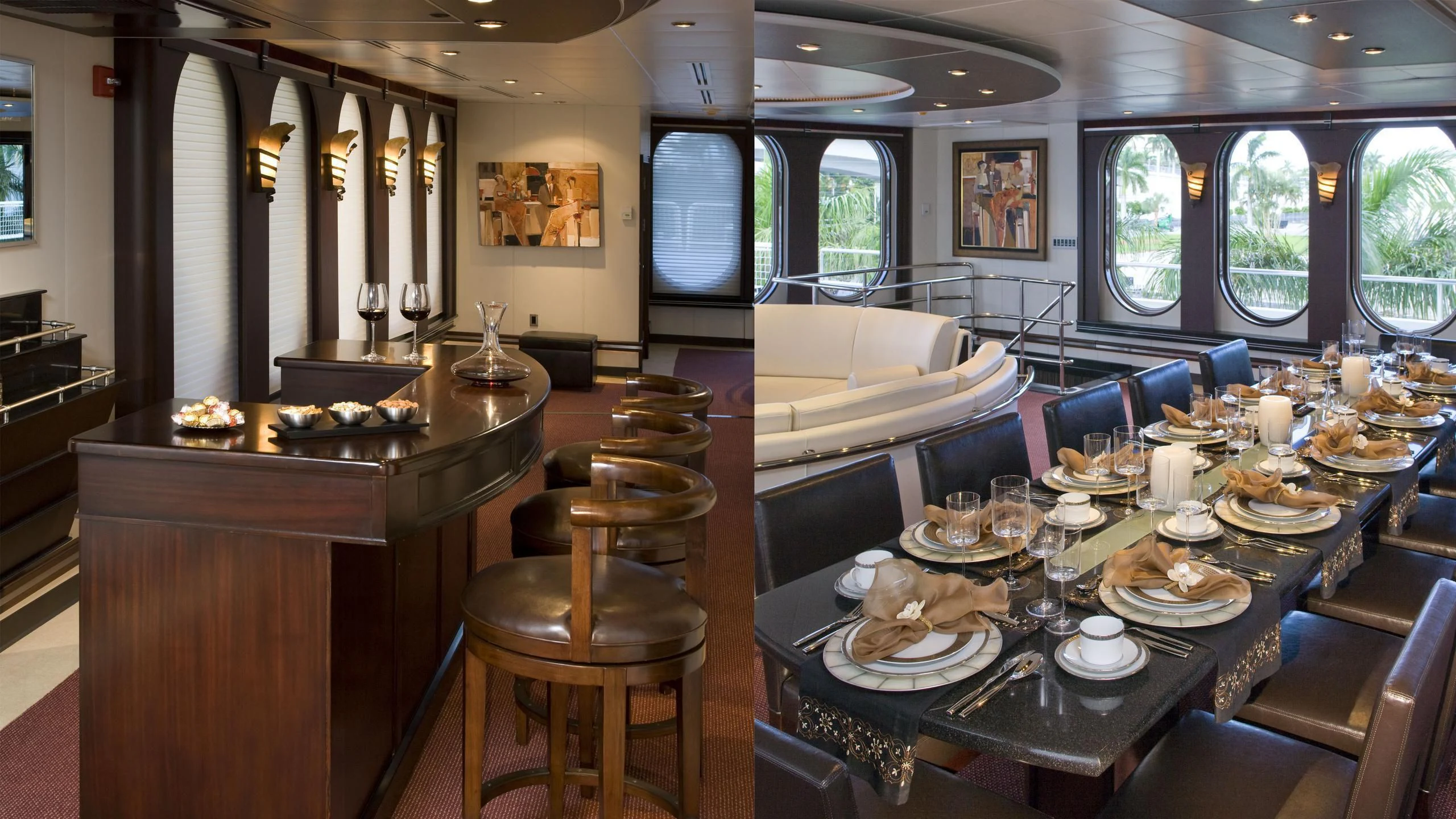 a large dining room with a large table and chairs aboard GLOBAL Yacht for Sale