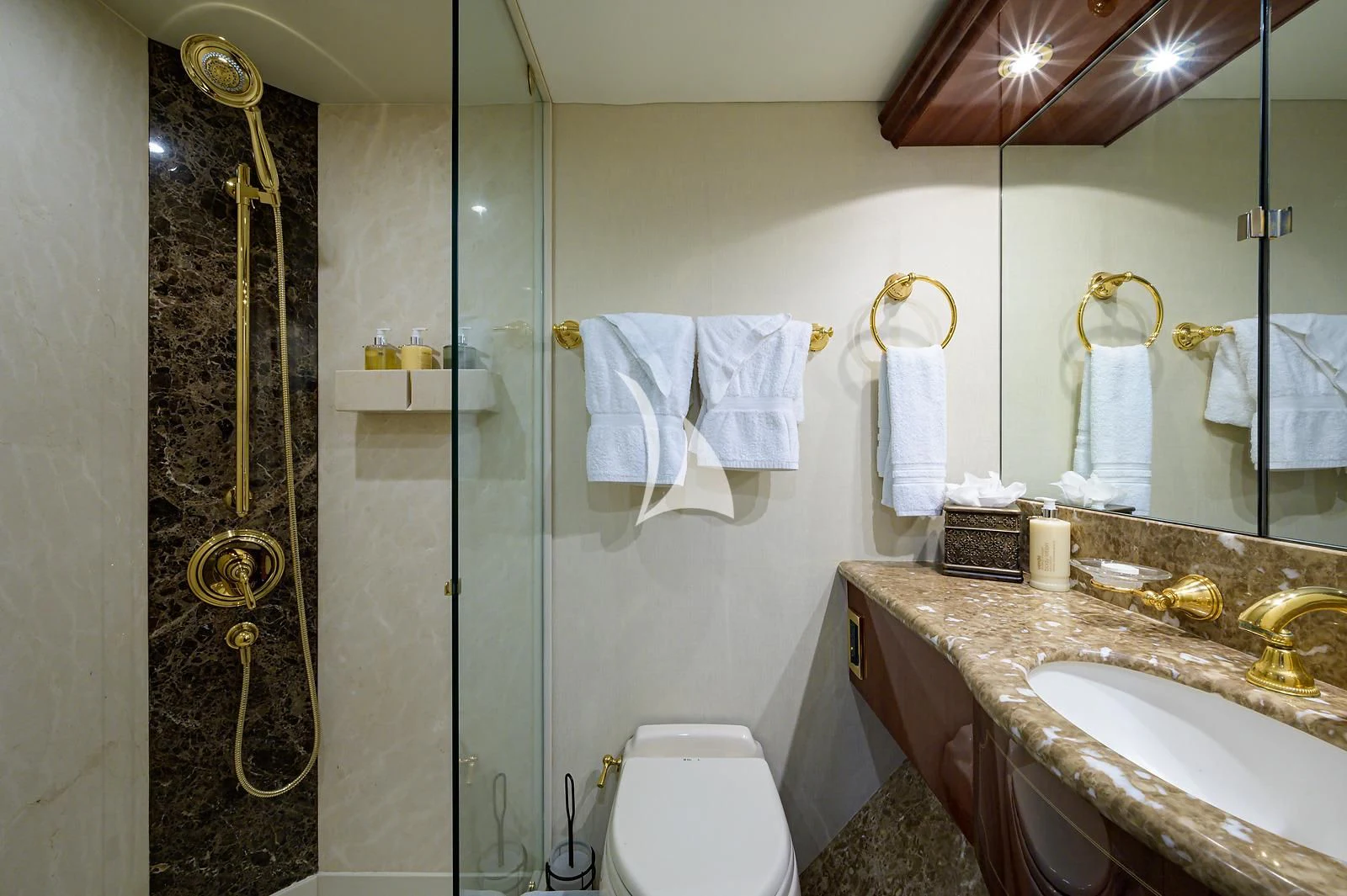 a bathroom with a sink and a shower aboard LADY KRISTINA Yacht for Sale