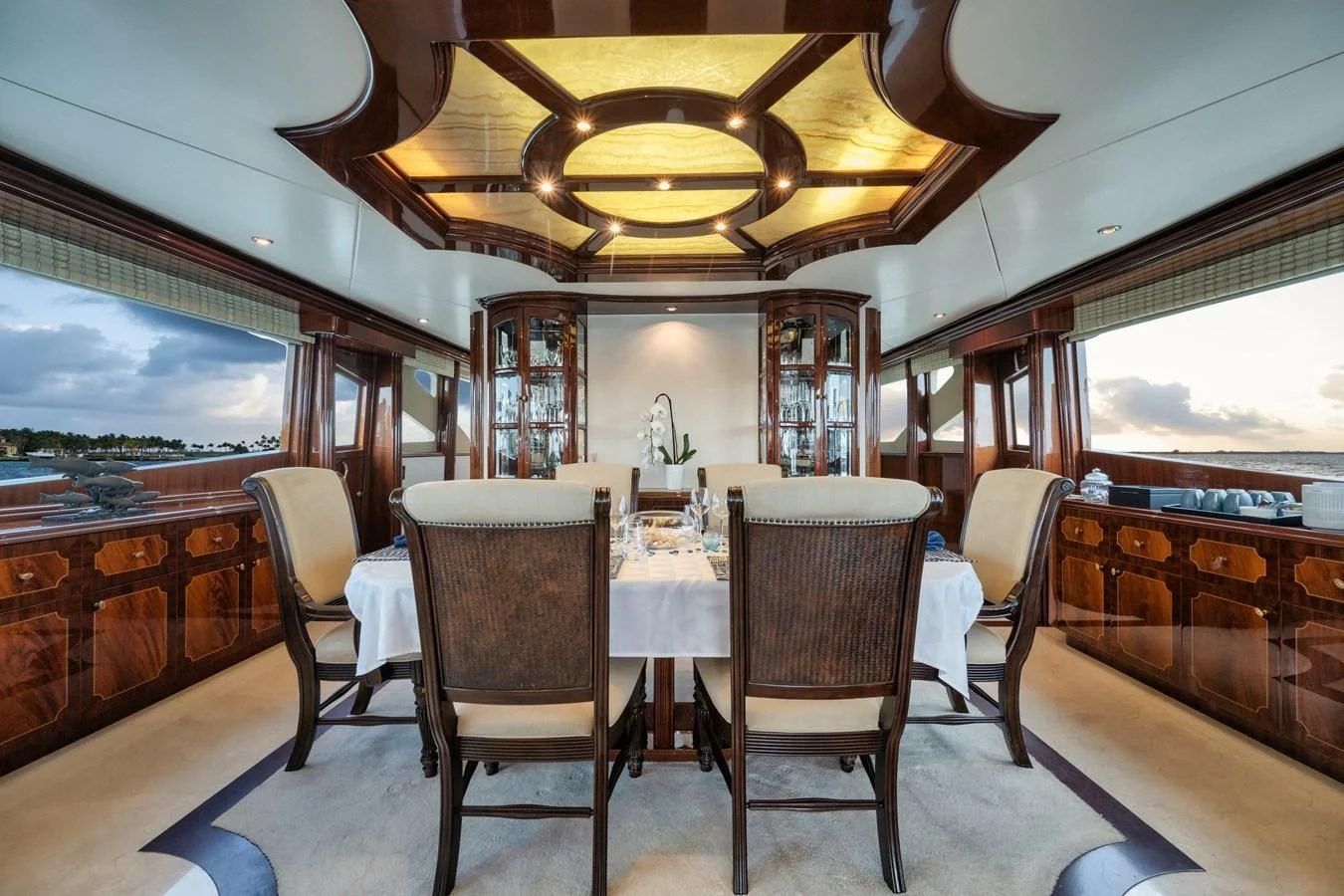 a restaurant with a view of the ocean aboard LADY KRISTINA Yacht for Sale