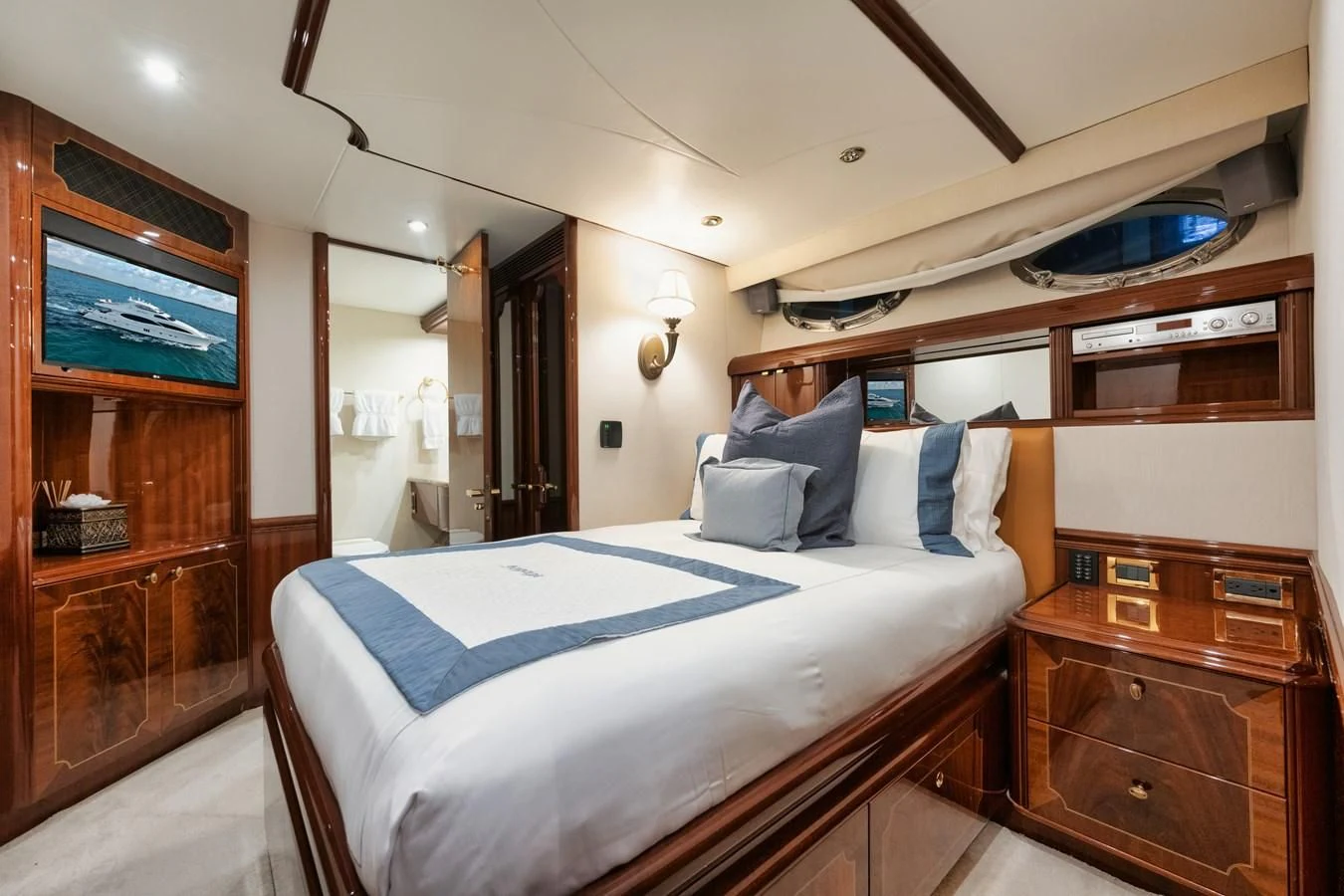 a bed in a room aboard LADY KRISTINA Yacht for Sale